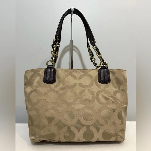 Coach Madison Signature Tan Sateen Canvas Tote with Dark Brown Leather Trim - Picture 2 of 16
